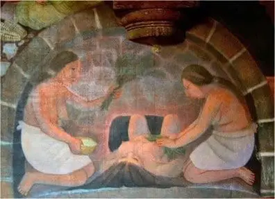 mural de mujer indígena al dar a luz